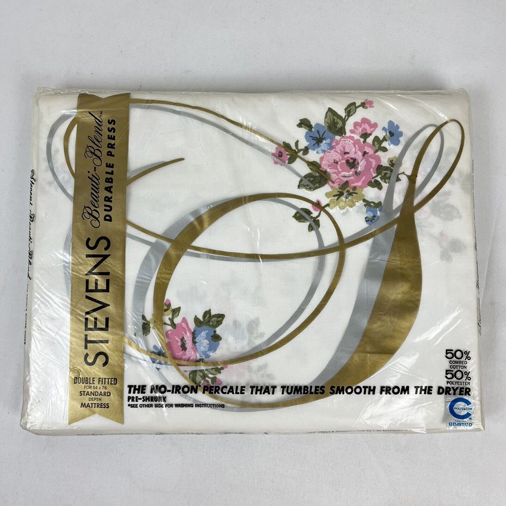 Vintage JP Stevens Double Fitted Bed Sheet Floral Retro Bedding Beauti-Blend NOS